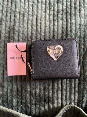 Juicy Couture Black Zip Card Wallet with Gold Heart Emblem